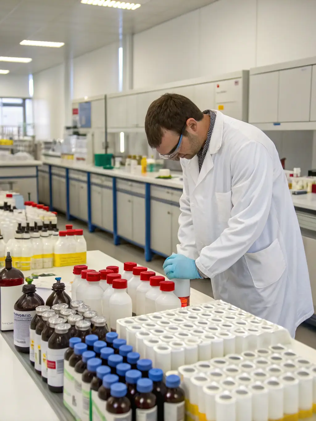 A laboratory setting with various textile auxiliary chemicals, including guar gum, binders, and softeners, displayed with scientific equipment and safety measures in place.