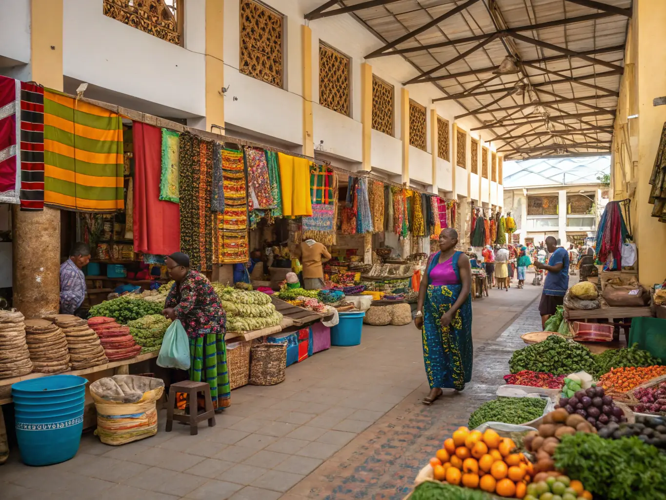 A vibrant assortment of African print fabrics, including Khanga, Kitanga, and Kaftan, displayed in a bustling market setting, showcasing their unique patterns and colors.