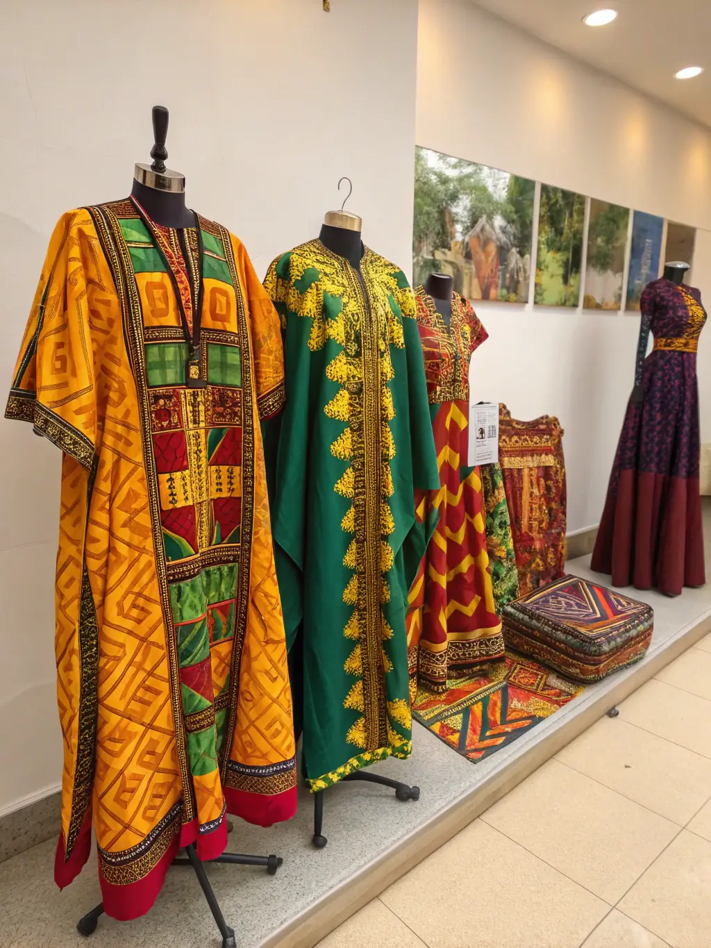 A colorful display of African print fabrics such as Khanga, Kitanga, and Kaftan, showcasing bold patterns and vibrant colors.
