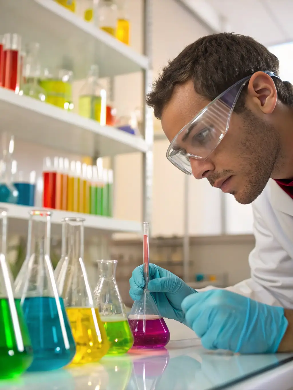 A laboratory setting with various textile auxiliary chemicals, emphasizing the quality and precision of our chemical manufacturing processes.