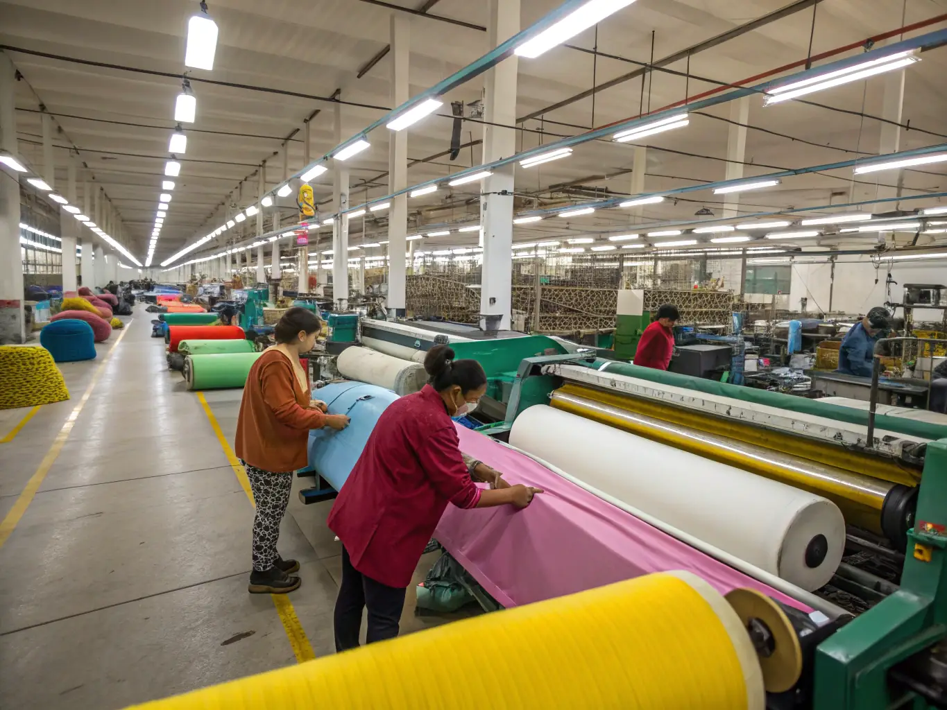 A detailed shot of our state-of-the-art printing machines in action, showcasing the vibrant colors and intricate designs being applied to the fabric.